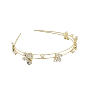 Elegant gold double-layered headband with sparkling crystal butterflies and white pearls