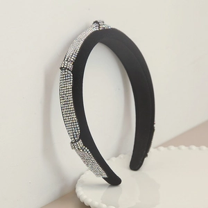 Elegant wide black velvet headband with sparkling rhinestone inlay and thick knot design