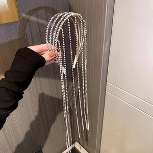 Luxury Multi-Layer Rhinestone Tassel Headband For Women Elegant Silver Long Chain Hair Hoop For Wedding Party Fashion Hair Accessories