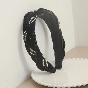 Elegant black velvet braided headband with gold thread and white pearls for women