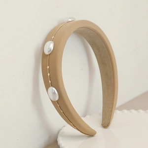 French vintage sponge headband in khaki fabric with pearls and golden chain