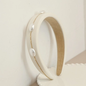 French vintage pearl sponge headband with white satin finish and elegant gold chain detail