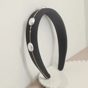 French vintage black padded headband with golden chain and elegant white pearls for women