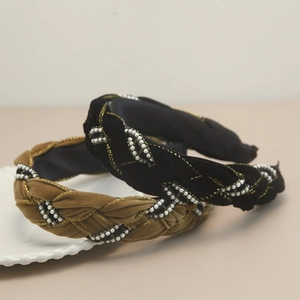 Thick woven velvet headbands with pearls and gold thread in black and camel colors