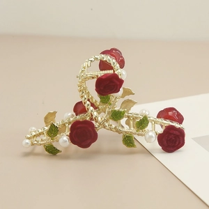 Elegante Metalen Haarklem Met Rozenbloem Kunstparel En Emaille Blad Franse Vintage Shark Clip Voor Dames Sieraden