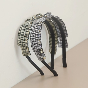 French Vintage Houndstooth Fabric Bow Headband With Crystal Rhinestones For Women Elegant Handmade Hair Accessories