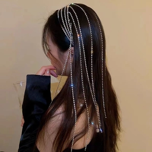 Detail view of rhinestone tassel hair chain with sparkling silver metal fringe waterfall