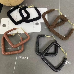 Vintage Geometric Rectangle Hoop Earrings For Women Fashion Copper Leather Wrapped Braided Big Earring Autumn Winter Jewelry