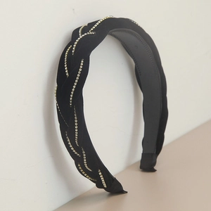 Serre-tête tressé en velours noir avec chaîne de strass et dents antidérapantes