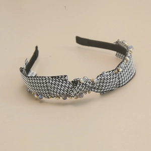 French vintage houndstooth headband with handmade light blue crystals and golden beads