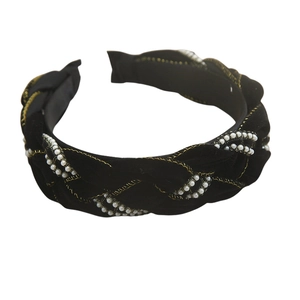 Braided black velvet headband with gold embroidery and white pearl beads for women