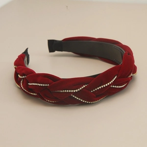Serre-tête tressé en velours rouge avec strass, accessoire cheveux rembourré et large