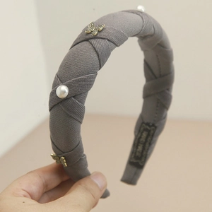 Elegant grey woven headband with sparkling rhinestone butterflies and faux pearls for women