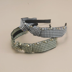 2-pack houndstooth headband with crystal beads and top knot decoration in French retro style
