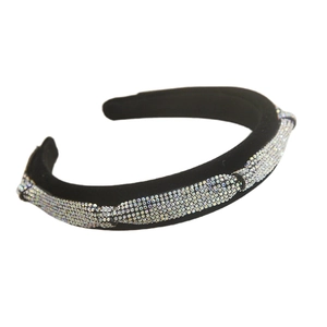 Elegant wide black velvet headband with sparkling silver rhinestone twist knot design