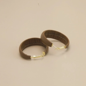 Vintage brown leather wrapped C-shape hoop earrings with gold metal details