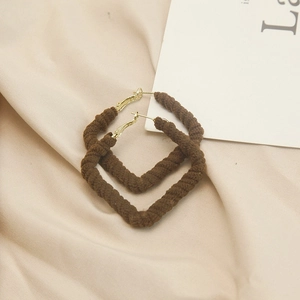 Chic geometric square hoop earrings with brown fabric wrap and gold metal clips