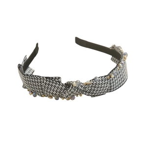 Handmade houndstooth headband with crystals and golden beads in a French vintage style