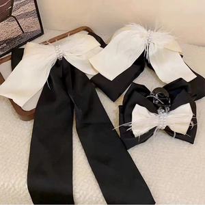 Elegant Satin Bow Hair Clip With Feather Artificial Pearl Contrast Color Streamer Retro French Style Shark Clip Hair Accessories For Women