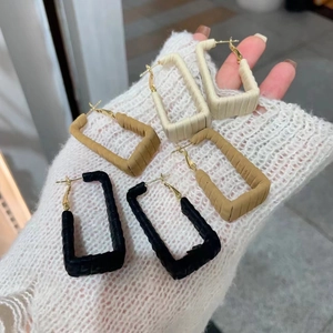 Fashionable rectangular leather-wrapped hoop earrings in white, khaki, and black colors