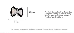 Detail view showing feather pearl bow hair clip dimensions and material specifications