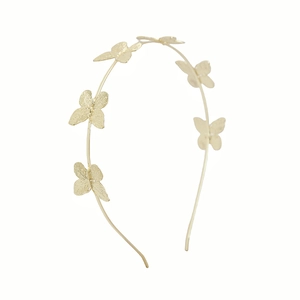 Elegant gold metal headband featuring five realistic butterfly ornaments on white background