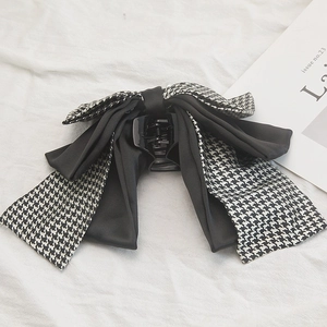 Houndstooth Bow Hair Claw Clip Large Multi Layer Fabric Satin Ribbon Ponytail Clip Elegant Artificial Pearl Tassel Hair Accessories
