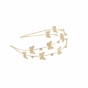 Elegant gold double-layered headband with hollow butterfly charms and crystal rhinestones