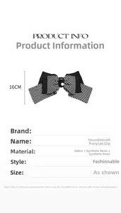 Detail view of a 16cm houndstooth bow ponytail clip with pearl accent and fabric texture
