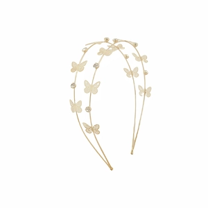 Detail of gold double-layered headband with hollow butterflies and sparkling rhinestones