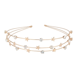Three-layer golden starry headband with metallic stars and sparkling crystal rhinestones