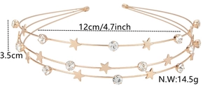 Detailed view of golden multi-layer star and crystal headband with size measurements