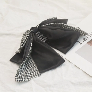 Elegant houndstooth and black satin layered bow hair claw clip for large volume hair