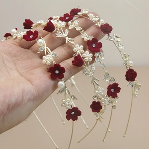 Serre-tête Rétro en Velours Rouge Rose Künstliche Perle Strass Élégant en Alliage d'Or Accessoires Cheveux Mariée Mariage Femmes
