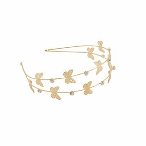 Elegant gold double-layered headband featuring butterfly motifs and sparkling crystals