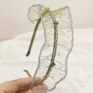 Handmade emerald green crystal beaded headband with bohemian wavy woven wire design