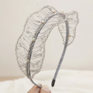 Handmade luxury grey crystal beaded headband with woven rhinestone mesh design