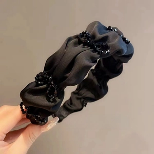 Elegant black pleated satin headband with black crystal beads for women hair styling