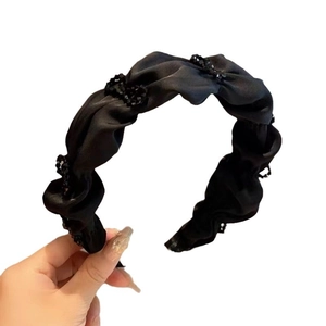 Elegant black satin pleated headband with sparkling black crystals and crystals decoration