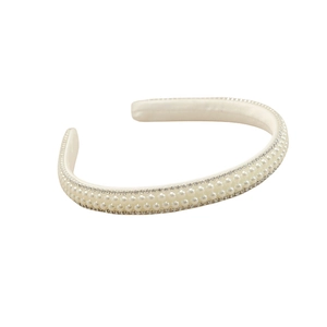Elegant ivory satin headband with double-row pearls and sparkling crystal rhinestones