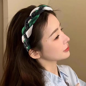 Serre-tête tressé avec strass en tissu noir, blanc et vert pour coiffure femme