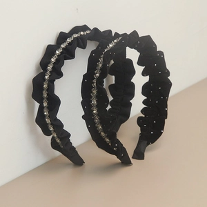 Vintage Black Puffy Headband For Women Elegant Fabric Pleated Hair Hoop With Rhinestone Decor Fashion Hair Accessories