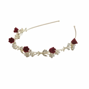 Serre-tête luxueux en métal doré avec fleurs en velours rouge et perles blanches