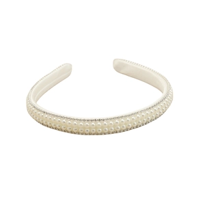 Elegant white satin headband featuring rows of pearls and shimmering rhinestones