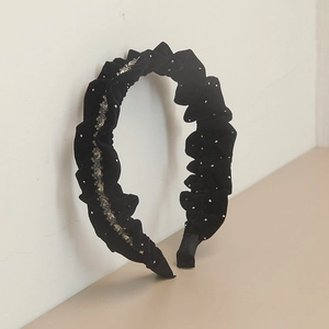 Vintage black velvet ruffled headband for women featuring elegant rhinestone embellishments