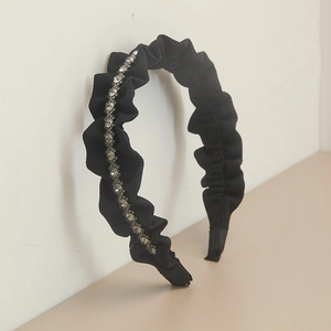Elegant black corduroy padded headband with sparkling rhinestones and ruffled pleats
