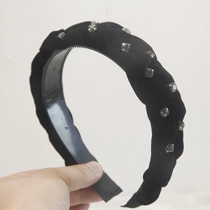 Cerchietto intrecciato retrò francese in velluto con strass grigio scuro per donne chic