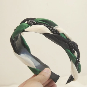 Serre-tête tressé tricolore avec perles de cristal noir et dents intérieures antidérapantes