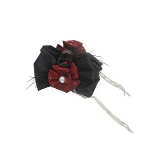 Elegant black ribbon flower hair claw clip with pearls and long rhinestone tassels