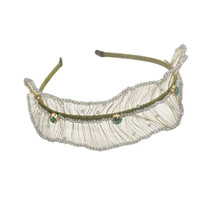 Luxurious wavy crystal beaded headband with green gemstones and gold woven wire detail